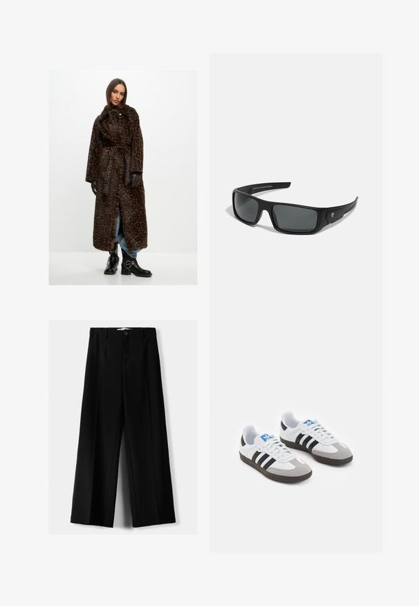 Leopárdmintás hosszú kabát puha, barna szőrrel, öves derékkal, széles ujjakkal és magas gallérral. Fekete bokacsizmákkal és kék farmernadrággal párosítva.; Két hosszú ujjú felső: egy fekete és egy fehér. Mindkettő kerek nyakkivágással és sima, bordázott textúrával rendelkezik. A márkajelzés látható a nyakszíj belsejében.; Fekete, bő szárú nadrág, könnyű anyagból, elöl gombos záródással és sima elfröccsenésű fazonnal, szépen varrott szegélyekkel.; Fehér bőr felsőrészes sportcipő, szürke velúrból készült orral és három fekete csíkkal. Jellemzője a kék logó a nyelvén és egy texturált gumitalp.; Fekete napszemüveg téglalap alakú kerettel, sötétszürke lencsékkel és sima műanyag bevonattal. Jeles logó hangsúly a szélén.; Fekete nylon válltáska ívelt formával, ezüst lánc díszítéssel, leválasztható mini zsebbel és állítható pánttal; tartalmazza a "Steve Madden" logót.