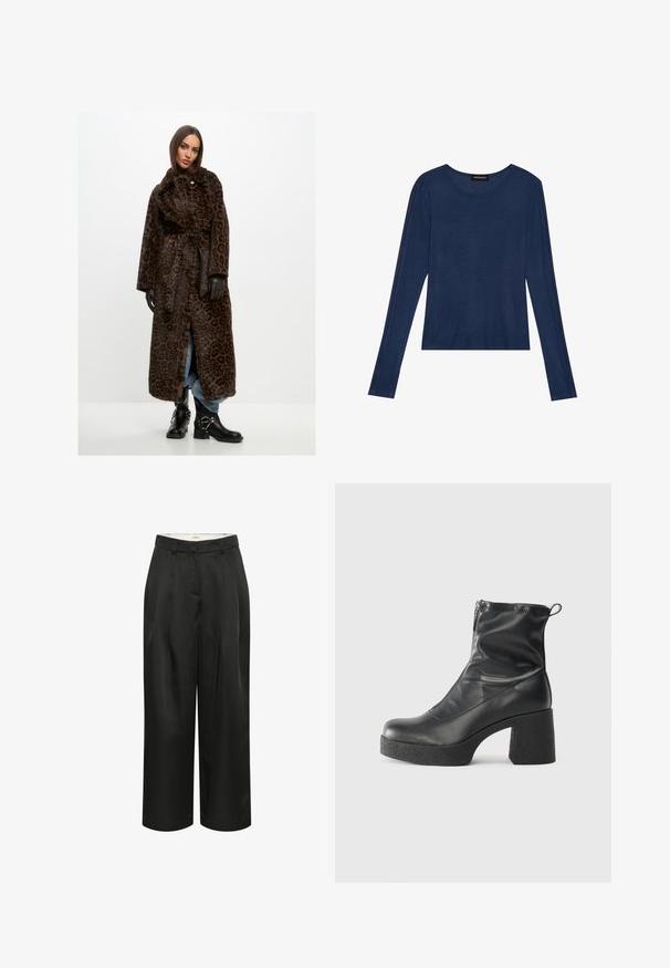 Abrigo largo de estampado de leopardo en suave piel marrón, con cintura ceñida por un cinturón, mangas anchas y un cuello alto. Combinado con botas negras de tobillo y jeans azules.; Top de manga larga navy en tejido suave, con escote redondo y costuras planas en las mangas, con un ajuste relajado.; Pantalones cortos de pierna ancha en negro, hechos de una tela suave. Presenta pliegues frontales y una cinturilla ajustada. Diseño simple y minimalista.; Botines negros de tobillo, hechos de cuero suave, con cierre lateral, tacón grueso texturizado y diseño de punta redondeada.