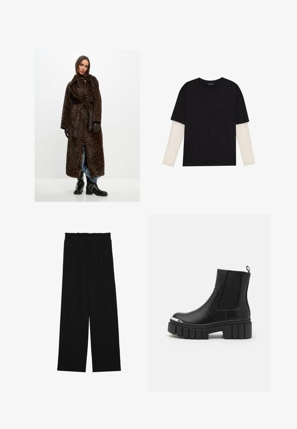 Leopardenprint lange jas van zacht, bruin bont met een ceintuur in de taille, brede mouwen en een hoge kraag. Gecombineerd met zwarte enkellaarsjes en blauwe jeans.; Zwarte T-shirt van katoen, met korte mouwen over een witte lange mouw laag met een subtiel textuurpatroon. Ronde hals ontwerp.; Zwarte wijde broek met een gerimpelde tailleband, voorzien van twee zijzakken en een soepele, lichte stof. Geen zichtbare patronen of hardware.; Zwarte enkellaarsjes van soepel leer met elastische panels, een dikke plateauzool en een metalen neuskap.