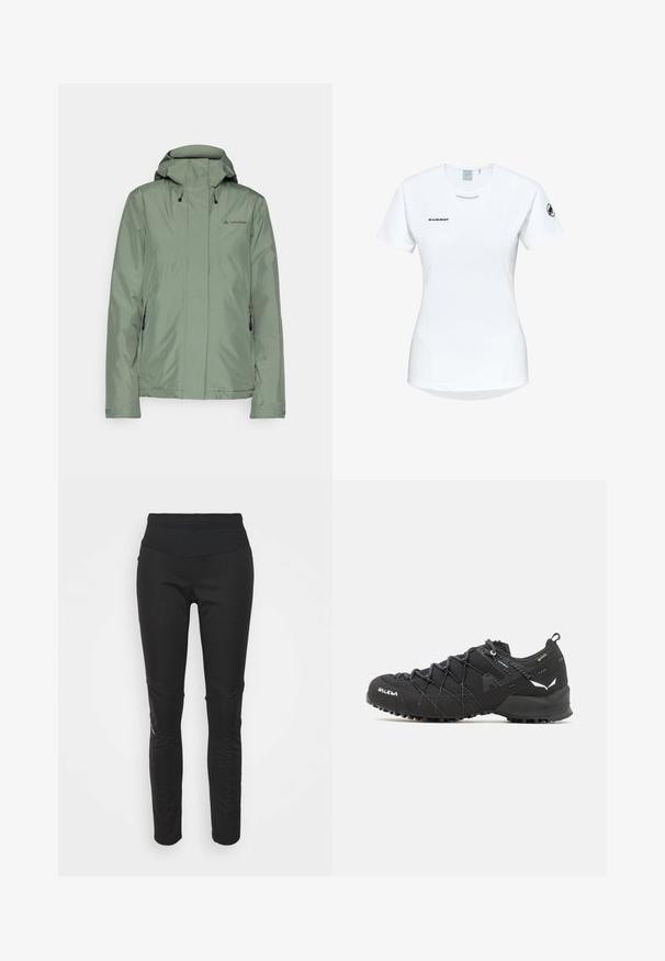 Giacca impermeabile verde chiaro con cappuccio, tasche con cerniera e cordini regolabili; realizzata in materiale sintetico liscio.; Maglietta atletica bianca a maniche corte con colletto rotondo, dotata di un logo sul petto e una texture di tessuto liscia e leggera.; Leggings sportivi neri con una vita alta, texture liscia, dettaglio del logo e pannelli laterali per un maggiore interesse visivo.; Scarpe da trekking nere con tomaia in tessuto testurizzato, sistema di allacciatura e suola in gomma robusta. Accentuate da dettagli riflettenti e loghi.