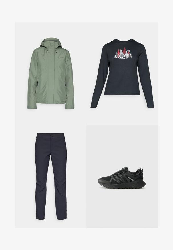 Jasnozielona wodoodporna kurtka z kapturem, zamykanymi kieszeniami i regulowanymi sznurkami; wykonana z gładkiego, syntetycznego materiału.; Długie rękawy, ciemnoszara koszula z grafiką czerwonych drzew i gór; logo "COLUMBIA" w wyraźnym białym tekście. Miękka tkanina, standardowy okrągły dekolt.; Granatowe spodnie wykonane z gładkiego materiału, z zapięciem na guziki z przodu, wąskim kroju oraz detalami w postaci prasowania na kolanach.; Columbia PEAKFREAK czarny