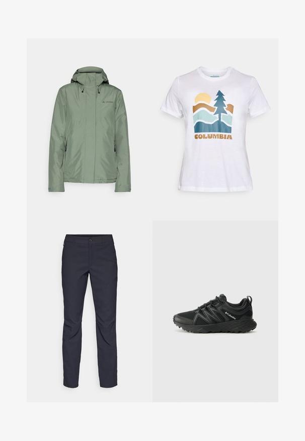 Jachetă impermeabilă de culoare verde deschis, cu glugă, buzunare cu fermoar și șnururi ajustabile; fabricată dintr-un material sintetic neted.; Tricou alb cu mânecă scurtă, având o grafică cu un soare, un copac, munți și cuvântul "Columbia" scris cu litere maro pe față.; Pantaloni bleumarin dintr-un material neted, cu închidere frontală cu buton, croială slim-fit și detalii pliate la genunchi.; Columbia PEAKFREAK - Pantofi drumeție - black