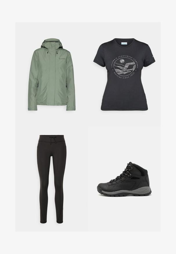 Jasnozielona wodoodporna kurtka z kapturem, zamykanymi kieszeniami i regulowanymi sznurkami; wykonana z gładkiego, syntetycznego materiału.; Czarny t-shirt Columbia z białą okrągłą grafiką gór i rzeki oraz napisem "Columbia Sportswear Company Outside Since 1938."; Czarne legginsy z wysokim stanem, sznurkiem do regulacji, gładką teksturą i dopasowanym krojem. Posiadają detale w postaci przeszyć po bokach.; Czarne buty trekkingowe z średnim cholewem, z teksturowaną cholewą, szarymi akcentami oraz trwałą gumową podeszwą z wypustkami zapewniającymi przyczepność.