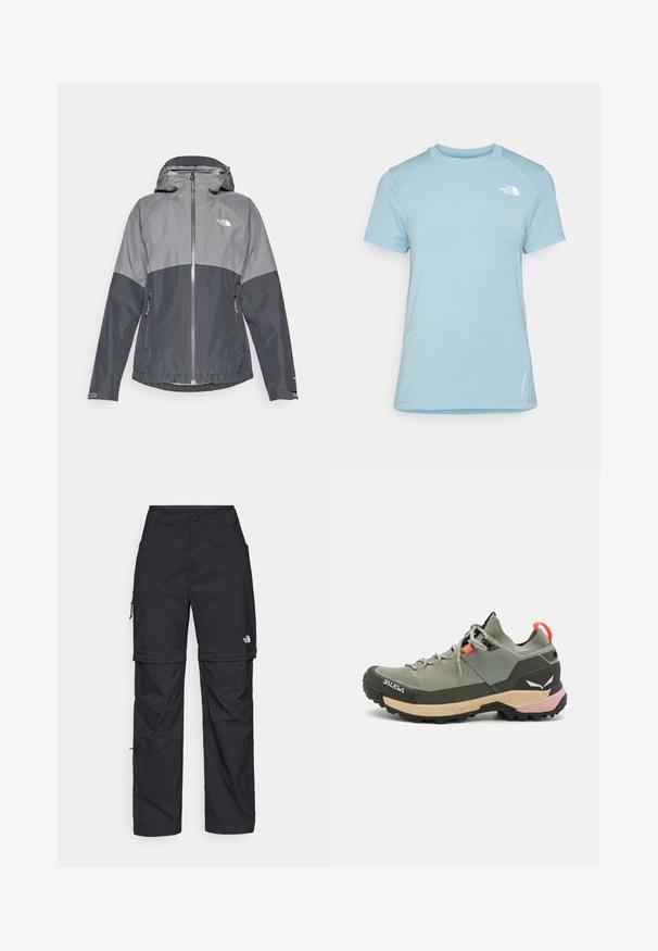 Hallide vettpidav jakken, millel on kapuuts, kahetone disain, lukuga eesmine osa ja kaks küljetaskut, valmistatud siledast ja kergest materjalist.; Hele sinine lühikeste varrukatega T-särk ümmarguse kaelusega. Omab pehmet kangast, raglaani varrukaid ja valget logo vasakul üleval rinnal.; Mustad nailonist valmistatud eemaldatavad cargo-püksid, reguleeritavate pahkluudega, mitmete taskutega ja paremal jalal logoga. Sile, kerge tekstuur.; Kerge rohelise värvi matkais sandaal, mis on valmistatud võrgust ja kummimaterjalidest, musta tõmbevälja, roosa ja oranži aktsentidega ning tugevdatud varvakoobiga.