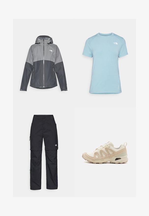 Grijs waterdicht jack met capuchon, heeft een tweekleurig ontwerp, rits aan de voorkant en twee zijzakken, gemaakt van een gladde, lichte stof.; Lichtblauw t-shirt met korte mouwen en een ronde hals. Gemaakt van zacht materiaal, met raglanmouwen en een wit logo op de bovenlinker borst.; Zwarte nylon cargo broek met afneembare pijpen, verstelbare manchetten, meerdere zakken en een logo op het rechterbeen. Gladde, lichte textuur.; Beige en crème sportschoen met een textuur-mesh bovenwerk, ondersteunende overlays en een rubberen zool met een profielpatroon voor grip.