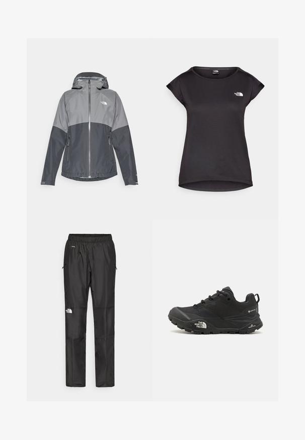 Graue wasserdichte Jacke mit Kapuze, verfügt über ein zweifarbige Design, einen Reißverschluss vorne und zwei Seitentaschen, hergestellt aus glattem, leichtem Material.; The North Face TANKEN TANK  - Sport T-Shirt - black; Schwarze wasserdichte Hose aus leichtem Material, mit elastischem Bund, Seitentaschen und einem Logo am linken Bein.; Schwarzer Wanderschuh mit einer strukturierten Oberfläche, Schnürverschluss und einer massiven Gummisohle, die auf der Seite ein ausgeprägtes Logo sowie Profilmuster zeigt.