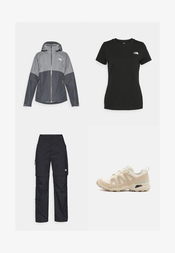 Grijs waterdicht jack met capuchon, heeft een tweekleurig ontwerp, rits aan de voorkant en twee zijzakken, gemaakt van een gladde, lichte stof.; Zwarte katoenen t-shirt met een ronde hals en korte mouwen. Opvallend wit logo op de bovenlinker kant. Soepele textuur, casual pasvorm.; Zwarte nylon cargo broek met afneembare pijpen, verstelbare manchetten, meerdere zakken en een logo op het rechterbeen. Gladde, lichte textuur.; Beige en crème sportschoen met een textuur-mesh bovenwerk, ondersteunende overlays en een rubberen zool met een profielpatroon voor grip.