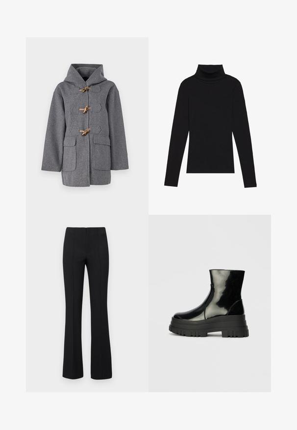 Siv kavljast plašč s kapuco, ki ima zatikače, dva sprednja žepa in raven kroj. Gladka tekstura in minimalističen dizajn.; Črna majica s puloverjem in dolgimi rokavi, izdelana iz rebraste tkanine, ima prilegan kroj s visokim ovratnikom in brez vzorcev ali okrasnih elementov.; Črne razširjene hlače z rebrasto teksturo in oprijetim pasom. Oblikovanje vključuje navpične šive za optimiziran videz. Brez vidnih kovinskih delov.; Črne sijajne gležnjarje z debelim profilom podplata in zaobljenim nosom, stranski pogled na enostavni svetlo sivi ozadju.