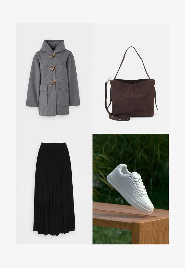 Sivý vlnený kabát s kapucňou, vybavený prepínacími uzávermi, dvoma prednými vreckami a rovnom strihom. Hladká textúra a minimalistický dizajn.; Čierny top s pevným telom a priesvitnými, rozšírenými rukávmi. Obsahuje viazacie akcenty na manžetách. Vyrobený z hladkej tkaniny s priliehavým strihom.; Čierna plisovaná sukňa s vysokým, elastickým pásom. Vyrobená z mäkkej látky, pričom má vertikálne plisovanie pre plynulý siluetu.; Biele tenisky s hladkým syntetickým zvrškom, perforovanou špičkou, plochými šnúrkami a textúrovanou podrážkou, vystavené na drevenej ploche.; Hnedá semišová taška s mäkkou textúrou, vybavená jedným ramenným popruhom a jemne zakriveným horným otvorom. Bez viditeľných hardvérových detailov.