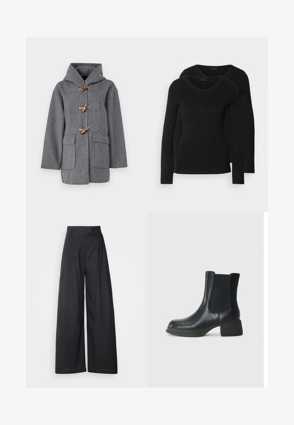 Casaco de lã cinza com capuz, apresentando fechos tipo toggle, dois bolsos frontais e um corte reto. Textura suave e design minimalista.; Duas camisetas pretas de manga longa com design em V, feitas de um tecido macio e elástico, apresentando uma textura suave e um formato ajustado.; Calças largas e escuras com um cós estruturado e pregas. Feitas de um tecido leve, com uma textura suave e sem padrões visíveis.; Bota de tornozelo em couro preto com painéis laterais elásticos, bico arredondado e um pequeno salto bloco. A superfície tem uma textura suave e um detalhamento mínimo.