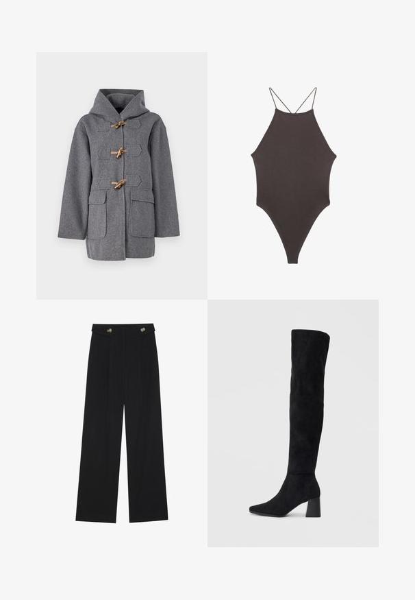 Sivý vlnený kabát s kapucňou, vybavený prepínacími uzávermi, dvoma prednými vreckami a rovnom strihom. Hladká textúra a minimalistický dizajn.; Hnedé, vysoký krk jednodielne plavky s tenkými, nastaviteľnými ramienkami; s vysokým strihom na nohách a hladkým povrchom. Bez vzorov alebo ozdôb.; Čierne široké nohavice s vysokým pásom, so zapínaním na gombíky na páse a prednými sklady.; Čierna semišová kozačka po kolená s blokovým podpätkom, špicatou špičkou a hladkým, bezšvovým dizajnom na jednoduchom svetlom pozadí.