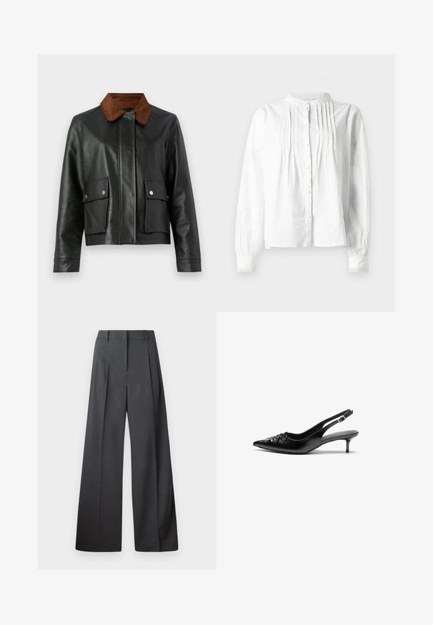 Jachetă din piele neagră cu guler din cOrdersir maro, buzunare frontale cu clapă și butoane tip snap, și închidere frontala ascunsă.; Bluză albă cu mâneci lungi, cu guler în picioare, plisuri verticale pe față, închidere cu nasturi și manșete cu dantelă.; Pantaloni culți din țesătură gri închis, cu talie înaltă, pliuri simple și o textură netedă, cu o finisare curată la tivuri.; Pantofi cu toc slingback din piele neagră, cu vârf ascuțit, toc mic tip kitten și detaliu adunat pe partea superioară. Textură netedă și design minimalist.