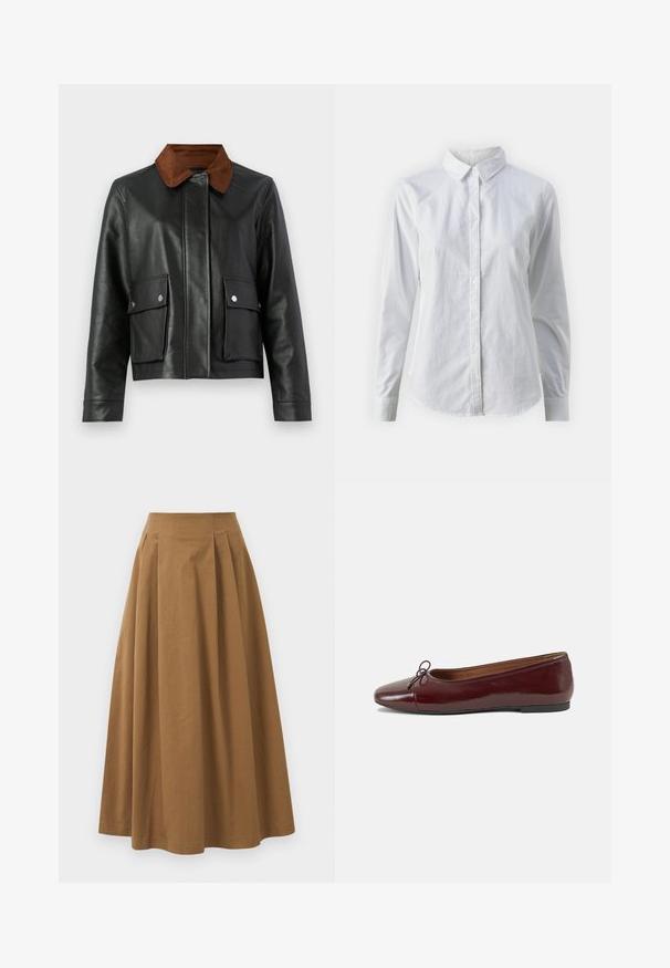 Veste en cuir noir avec col en velours côtelé marron, poches avant à rabat avec boutons-pression, et fermeture frontale dissimulée.; Chemise blanche à manches longues en coton lisse, dotée d'un col classique et d'un ourlet arrondi. Les boutons sont petits et blancs.; Jupe A-line en coton brun avec taille haute, dotée de plis sur le devant et d'une texture lisse. Les finitions de l'ourlet sont nettes et simples.; Ballerines en cuir verni bordeaux avec un bout rond, un petit nœud décoratif à l'avant et une semelle en caoutchouc noire basse. Texture lisse.