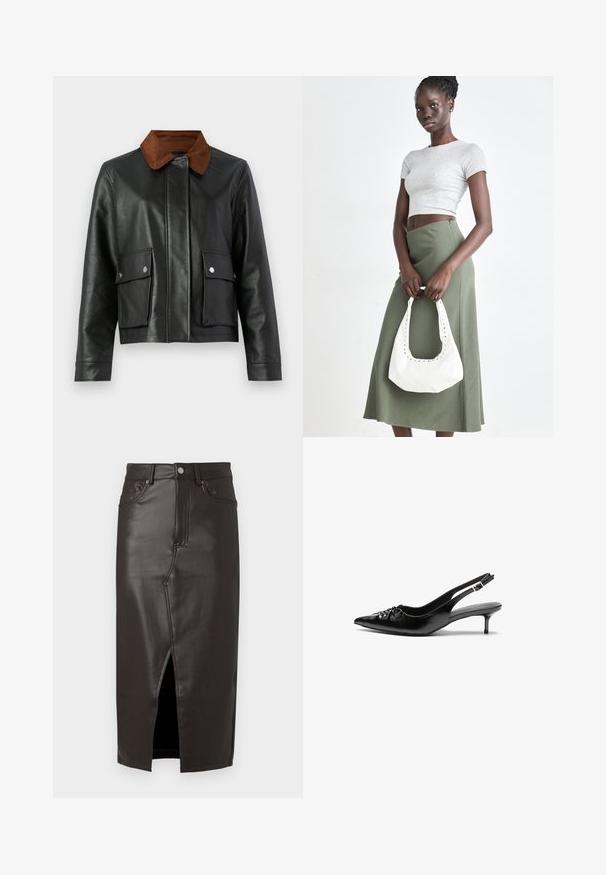 Giacca in pelle nera con colletto in corduroy marrone, tasche anteriori con patta e bottoni a pressare, e chiusura frontale nascosta.; Maglietta a maniche lunghe color marrone scuro con collo a giro e vestibilità slim, mostrata su uno sfondo bianco semplice.; Gonna midi in pelle marrone con spacco frontale, design a cinque tasche e chiusura con bottone metallico. Texture liscia e vestibilità su misura.; Tacchi slingback in pelle nera con punta affusolata, piccolo tacco kitten e un dettaglio a nodo decorativo sulla parte anteriore. Texture liscia su tutta la superficie.; Top crop a coste grigio e gonna a vita alta verde oliva. Il modello tiene una borsa a spalla bianca con dettagli intagliati. Design semplice, silhouette aderente.
