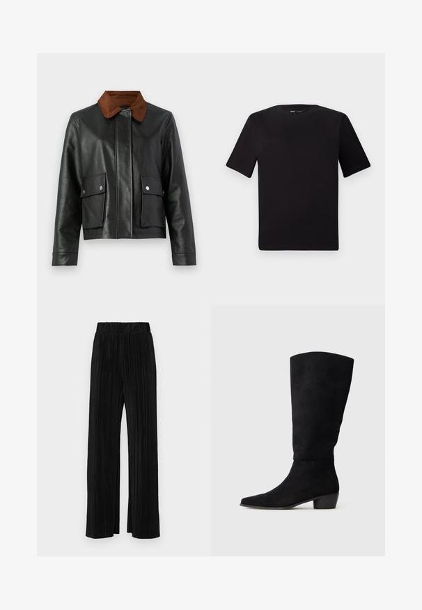 Čierna kožená bunda s hnedým jemným zamatom ako golier, predné vrecká s klopou a cvokmi, a skrytým zapínaním vpredu.; Čierne tričko s krátkym rukávom a okrúhlym výstrihom, vyrobené z mäkkej bavlny. Jednoduchý dizajn, bez viditeľných log alebo vzorov.; Čierne plisované nohavice s elastickým pásom. Majú široké nohavice a hladkú, textúrovanú látku s vertikálnymi pruhmi.; Čierne semišové čižmy po kolená s nízkym blokovým podpätkom a špicatou špičkou, zobrazené v bočnom pohľade na jednoduchom svetlošedom pozadí.