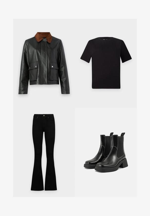 Jachetă din piele neagră cu guler din cOrdersir maro, buzunare frontale cu clapă și butoane tip snap, și închidere frontala ascunsă.; Tricou scurt negru cu mânecă scurtă și guler rotund, realizat dintr-un material de bumbac moale. Design simplu, fără logo-uri sau modele vizibile.; Jeans negri cu talie înaltă, cu închidere prin nasture și fermoar, buzunare frontale și picioare evazate, așezați pe un fundal alb.; Botine Chelsea din piele neagră, cu toc masiv, panouri laterale elastice și cusături albe contrastante. Finisaj texturat.