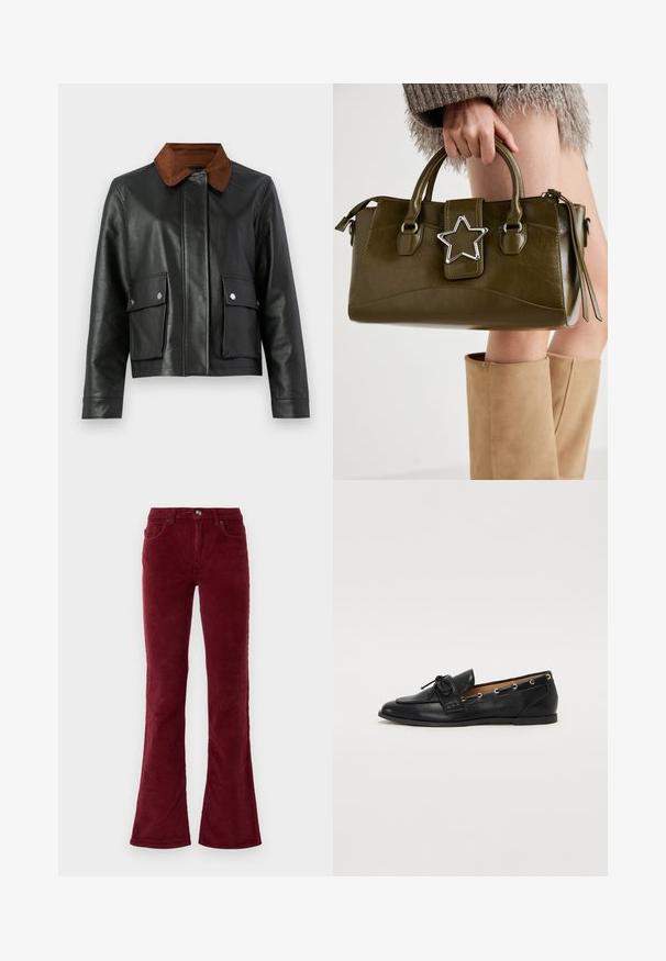 Jachetă din piele neagră cu guler din cOrdersir maro, buzunare frontale cu clapă și butoane tip snap, și închidere frontala ascunsă.; Top alb cu mânecă lungă, realizat dintr-un material cu nervuri, având un guler rotund și un sistem de închidere cu șase butoane transparente.; Pantaloni evazați din corduroy burgundy, cu buzunare frontale, bucle pentru curea și închidere cu nasture, pe un fundal alb simplu.; Mocasini din piele neagră cu fundiță legată, având accente aurii sub formă de ochiuri pe laterale și o talpă plată din cauciuc. Textură netedă, design clasic.; Geantă din piele ecologică de culoare verde măslin, cu accent din stea argintie, două mânere și închidere cu fermoar. Suprafață texturată și formă structurată.