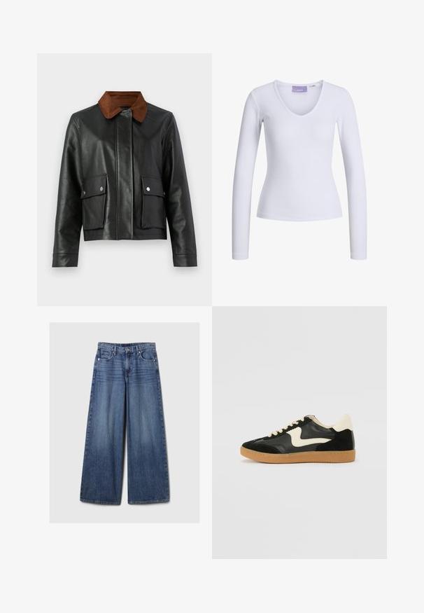 Must must nahkajope pruuni kunstkarvakaelusega, esises nahk-ripsete taskud nupuga ja peidetud esikinnis.; Valge pikkade varrukatega särk, millel on sooniktekstuur ja V-kaelus. Suletud sildiga, millega on nähtav brändi nimi "JJXX."; Laiad sinised denimpüksid, millel on pleekinud viimistlus, nupp ja lukuga sulgemine, viis taskut ning vööaasad.; Must musta ja nahast sneakersid, millel on koorevärvi külgsuund ja hele koorik. Omab beeži paelu ja kummi kummist välistalla.