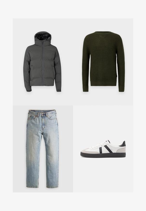 Šedá péřovka s kapucí, která má přední zip a prošívaný vzor. Hladký vnější materiál s kontrastním lesklým interiérem.; Olivově zelený pletený svetr s kulatým výstřihem, dlouhými rukávy a žebrovanými manžetami. Má texturovaný vzor a volný střih.; Svetle modré džíny z denimu s vysokým pasem, předním knoflíkem, zipem a designem s pěti kapsami, ležící rovně na neutrálním pozadí.; Bílé tenisky s černými a šedými akcenty, opatřené texturovaným šedým prstovým krytem, černou gumovou podrážkou a plochými bílými tkaničkami. Čistý design, minimalistický styl.