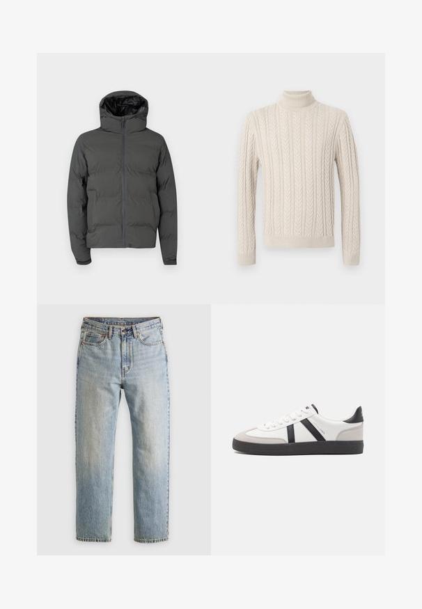 Giubbotto imbottito grigio con cappuccio, dotato di zip frontale e motivo trapuntato. Materiale esterno liscio con un interno lucido in contrasto.; Maglione beige lavorato a maglia con un alto collo a costine. Presenta un motivo a treccia testurizzato e polsini e orlo a coste, offrendo un aspetto accogliente.; Jeans in denim azzurro chiaro con vita alta, bottone anteriore, cerniera e design a cinque tasche, adagiati su uno sfondo neutro.; Sneaker bianco con accenti neri e grigi, dotata di una punta grigia testurizzata, suola in gomma nera e lacci bianchi piatti. Design pulito, stile minimalista.