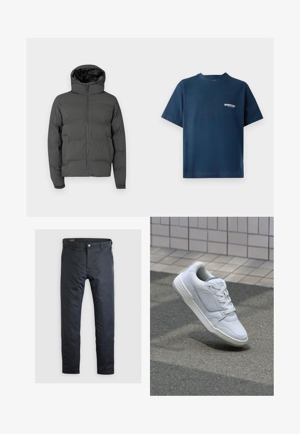 Sivi pufasti kaput s kapuljačom, s prednjim zatvaračem i kvadratnim uzorkom. Glatki vanjski materijal s kontrastnom sjajnom unutrašnjošću.; Tamno plavi pamučni majica s kratkim rukavima i okruglim izrezom. Ima mali bijeli logo na lijevoj strani prsnog područja. Mekana tekstura.; Mornarsko plave hlače izrađene od glatkog materijala, s kopčanjem na gumb, petljama za remen i suptilnim detaljima šivanja; klasični ravni kroj.; Bijele kožne tenisice s perforiranim bočnim dijelovima, teksturiranim akcentima, ravnim vezicama i kontrastnim sivim petom. Imaju blago povišenu potplat.