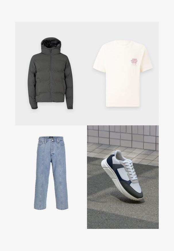 Grå pufferjakke med hette, med glidelås foran og kviltet mønster. Glatt ytterstoff med en kontrasterende skinnende innside.; Hvit T-skjorte med korte ermer og rød tekst "Studio Originals Edition" på venstre bryst, vist på en nøytral grå bakgrunn.; Lyse blå denimjeans med løs passform, vide ben og synlige sømdetaljer. Har en knapp- og glidelåsåpning samt fem lommer.; Hvitt, marineblått og grått sportsko med en blandet materialdesign, som har en teksturert overdel, flate snørebånd og en polstret såle.