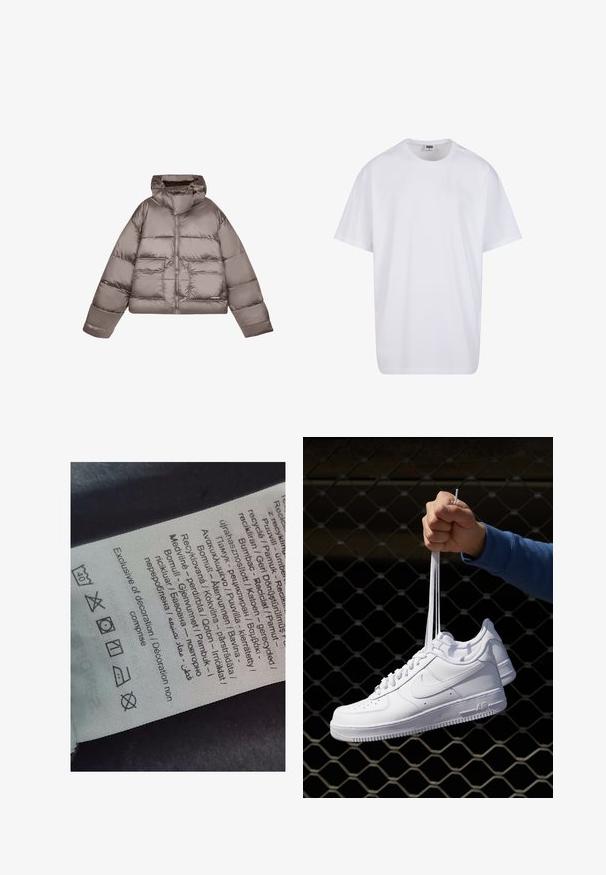 Rudas apkarpyto puffer tipo striukė, papildyta dizainu, aukšta apykakle, užtrauktuku užsegama, su dviem priekiniams kišenėmis, blizgiu audiniu, elastingomis rankovėmis ir apačia.; Balta medvilninė marškinėlių užsagėlė su trumpomis rankovėmis, apvaliu kaklu, laisva forma ir be matomų logotipų ar raštų. Lygi tekstūra ir minimalus dizainas.; Žymėjimo etiketė su daugiakalbiais tekstais, priežiūros simboliais ir perdirbimo ikonėmis, atspausdinta minkštu, audeklo tipo medžiagos šviesiais atspalviais.; Balti odiniai sportiniai bateliai su perforacijomis, apvalia nosimi, plokščiu padu ir storomis raištelėmis, su matomu swoosh logotipu ir "AIR" ant kulno.