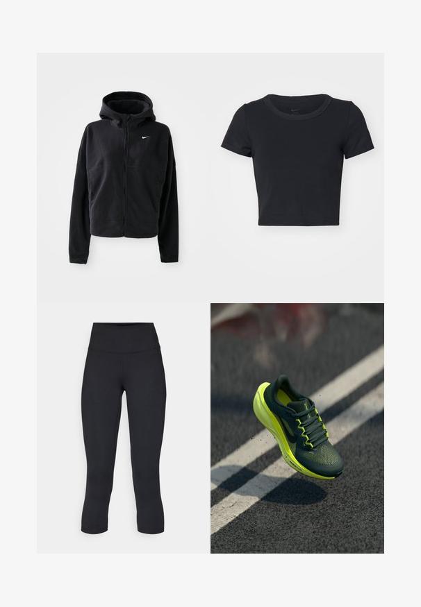 Must värvitud fliisjakk kapuutsiga, ees lukuga ja vasakul rinnaäärel tikitud valge Nike'i logo. Omab lühikest siluetti.; Musthave musta lühike T-särk, mis on valmistatud pehmest ja venivast kangast. Omab ümmargust kaelust ja lühikesi varrukaid, lihtsa disainiga.; Mustad mustad õhukesed leggingud, mis on valmistatud venivast kangast, kõrge vöökoha ja siledaga, ilma nähtavate mustrite või metalldetailideta.; Tume roheline ja neoon kollane Nike jooksuking, keset õhku asfaldist üleval, valgete joonte kohal, tõukab üles väikseid mügarikke.