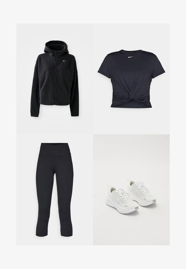 Schwarze Fleecejacke mit Kapuze, Reißverschluss vorne und gesticktem weißen Nike-Logo auf der linken Brust. Hat eine verkürzte Silhouette.; Schwarzes Sport-T-Shirt aus glattem Stoff, mit einem geknoteten Vorderdesign und einem kleinen weißen Nike-Logo auf der Brust.; Schwarze, cropped Leggings aus dehnbarem Material, mit einem hohen Bund und glatter Textur, ohne sichtbare Muster oder Hardware.; Weiße Sportschuhe mit einem strukturierten Mesh-Obermaterial, gepolsterter Sohle und dezenten grauen Akzenten. Enthält Branding und eine Schlaufe an der Ferse für einfaches Anziehen.