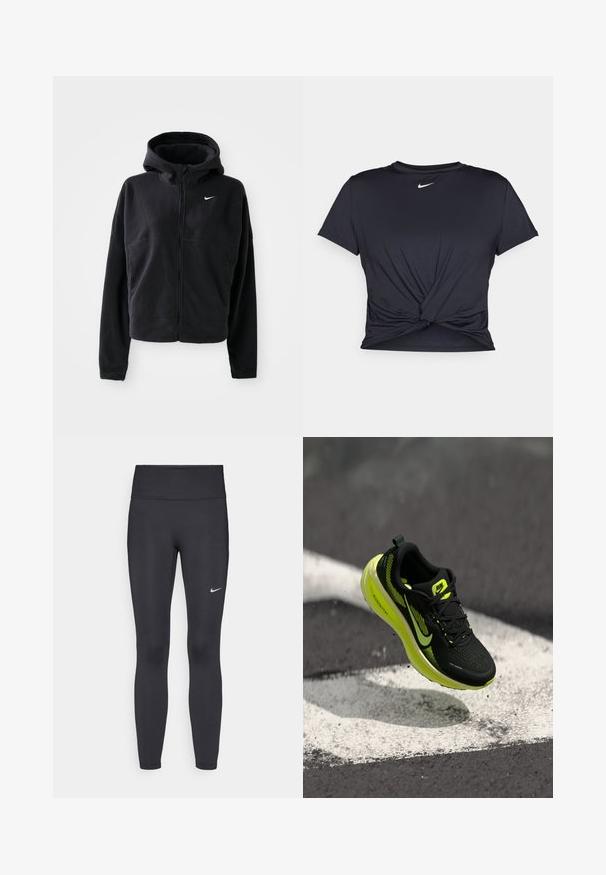 Chaqueta de forro polar negra con capucha, cierre de cremallera en la parte frontal y logo de Nike bordado en blanco en el pecho izquierdo. Presenta una silueta corta.; Camiseta atlética negra hecha de tela suave, con un diseño de nudo en la parte delantera y un pequeño logo blanco de Nike en el pecho.; Leggings negras de tela elástica, con una cintura alta y un logo blanco de Nike en el muslo izquierdo. Textura suave, diseño ajustado.; Zapatilla de running negra con acentos amarillos, parte superior de malla, patrón texturizado y logo de marca prominente. Suela de espuma ligera para amortiguación.