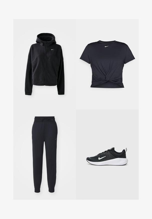 Zwarte fleece jas met capuchon, ritssluiting aan de voorkant en geborduurd wit Nike-logo op de linkerborst. Heeft een cropped silhouet.; Zwarte sportieve T-shirt van gladde stof, met een geknoopt ontwerp aan de voorkant en een klein wit Nike-logo op de borst.; Zwarte joggers gemaakt van zachte stof, met een elastische tailleband met trekkoord, zijzakken en een subtiele logo op de linkerdij.; Zwarte sportieve schoen met een ademende stoffen bovenkant, witte swoosh-logo, gladde witte tussenzool en gestructureerde zwarte buitenzool.