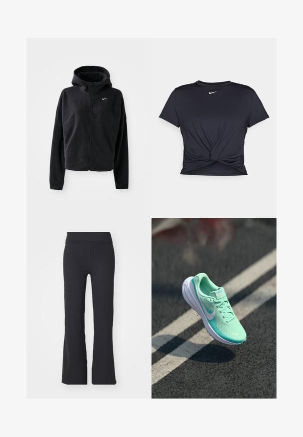 Črna fleec jakna s kapuco, zadrgo spredaj in izvezenim belim logotipom Nike na levem prsnem področju. Ima skrajšano silhueto.; Črna atletska majica iz gladkega materiala, z vozlanim sprednjim delom in majhnim belim logotipom Nike na prsih.; Črne razširjene hlače iz raztegljive tkanine z visokim pasom. Imajo čiste linije in gladko teksturo, primerne za vsakodnevno nošenje.; Lahka tekmovalna čevlja v meti zeleni barvi z mrežastim zgornjim delom, oblazinjeno ovratnikom in belim gumijastim podplat. Nike logo na strani; vezi so vidne.