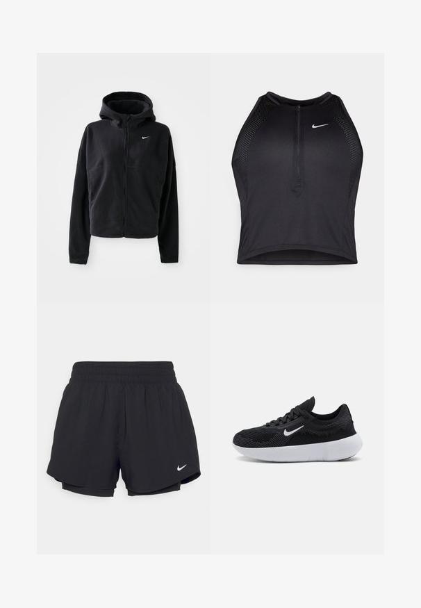 Schwarze Fleecejacke mit Kapuze, Reißverschluss vorne und gesticktem weißen Nike-Logo auf der linken Brust. Hat eine verkürzte Silhouette.; Schwarzes sportliches Crop-Top mit Reißverschluss vorne, Netz-Akzenten und figurnaher Passform. Hergestellt aus dehnbarem, atmungsaktivem Material. Nike-Logo auf der Vorderseite.; Schwarze Sportshorts mit einem gerafften elastischen Bund, Innenfutter und weißem Nike-Logo auf der unteren linken Seite. Glatter, leichter Stoff.; Schwarzer Sportschuh mit einem Obermaterial aus Mesh, strukturiertem Design, runder Zehenpartie, weißer Gummisohle und einem Nike-Logo an der Seite.