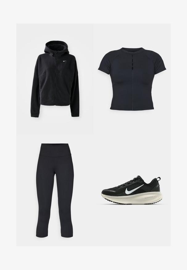 Svart fleecejakke med hette, glidelås foran, og brodert hvit Nike-logo på venstre bryst. Har en cropped silhuett.; Svart t-skjorte med korte ermer og høy hals, knappedetaljer foran, laget av elastisk stoff, med raglanermer og flate sømmer.; Sorte, cropped leggings laget av elastisk stoff, med høy midje og glatt tekstur, uten synlige mønstre eller detaljer.; Svart Nike løpesko med pustende mesh-overdel, hvit swoosh-logo, teksturert detaljer og en kremfarget ZoomX mellomsåle.