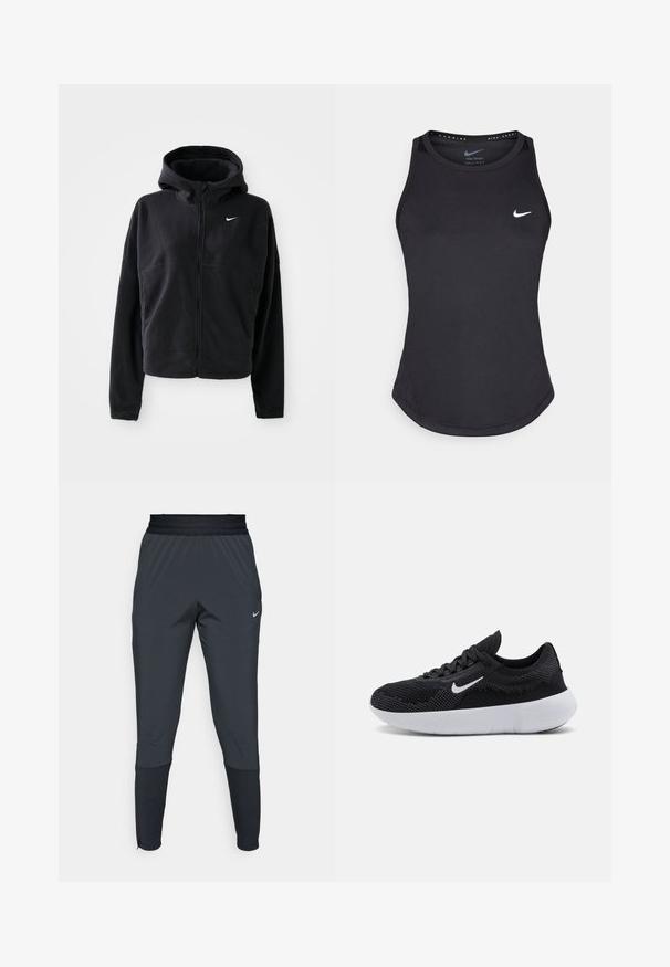 Schwarze Fleecejacke mit Kapuze, Reißverschluss vorne und gesticktem weißen Nike-Logo auf der linken Brust. Hat eine verkürzte Silhouette.; Schwarzes Sporttanktop aus feuchtigkeitsableitendem Material. Mit Rundhalsausschnitt, enger Passform und weißem Nike-Logo auf der Brust.; Dunkle graue Nike Sporthosen mit einem schmal zulaufenden Bein-Design, elastischem Bund und Akzentdetails in der Nähe der Bündchen.; Schwarzer Sportschuh mit einem Obermaterial aus Mesh, strukturiertem Design, runder Zehenpartie, weißer Gummisohle und einem Nike-Logo an der Seite.