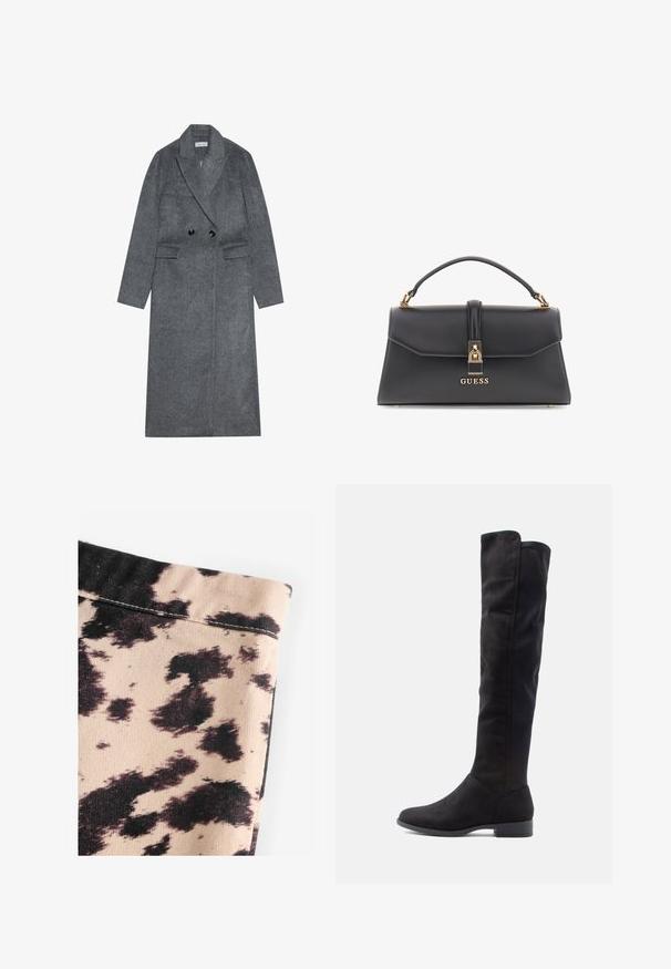 Palton dintr-un amestec de lână gri, cu un front cu dublă închidere, rever tăiat și două buzunare frontale. Are butoane negre și mâneci drepte.; Pulover negru cu gât înalt, realizat dintr-un material tricotat ușor. Are mâneci lungi, un design ajustat și o textură moale cu caneluri.; Țesătură bej cu model de imprimeu de vacă negru, având o textură canelată și detalii de cusătură simple. Fără accesorii sau hardware vizibile.; Cizme din suede negre, până la genunchi, cu o textură fină, vârful rotund și un toc mic tip block; design minimalist fără elemente de prindere vizibile.; Geantă de mână din piele ecologică neagră, cu o formă structurată, accesorii aurii, mânere superioare și un închizător frontal cu logo-ul "GUESS".