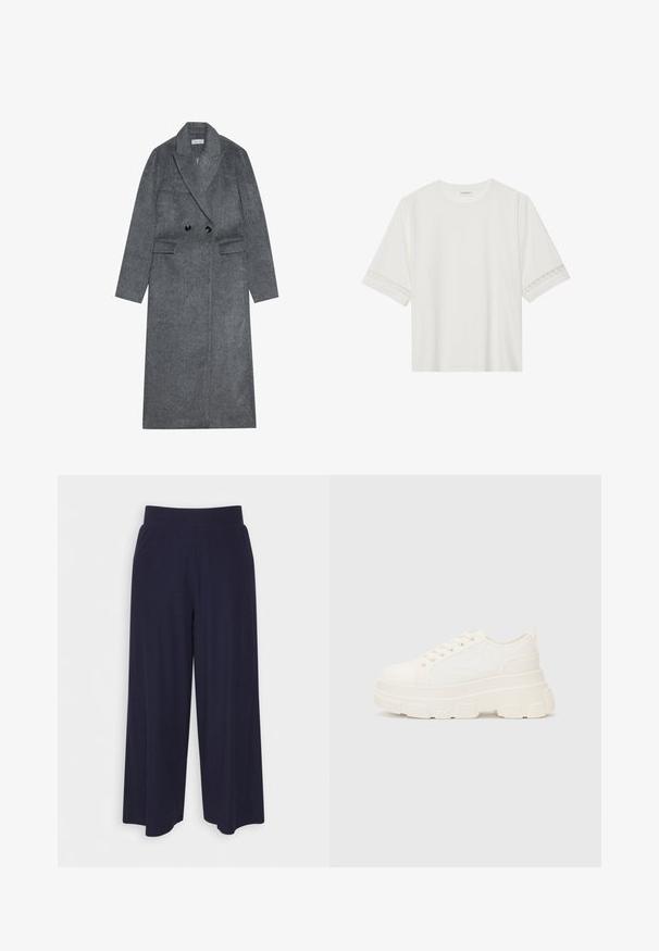 Siv volneno krzno z dvojnim zapenjanjem, izrezom in dvema sprednjima žepe. Ima črne gumbe in ravne rokave.; Bela kratka majica s kratkimi rokavi iz bombaža, okrašena z dekorativnim čipkastim robom ob rokavih in okroglo izrezom.; Široke hlače iz temno modrega blaga z rebrasto teksturo. Imajo gladek pas in tekoč silhueto, ki seže do sredine tele.; Bela platnena teniska z debelim podplatom, okroglo konico in petimi luknjicami za vezalke. Zadaj je dodana zanka za enostavno obuvanje. Gladka tekstura, minimalistična zasnova.