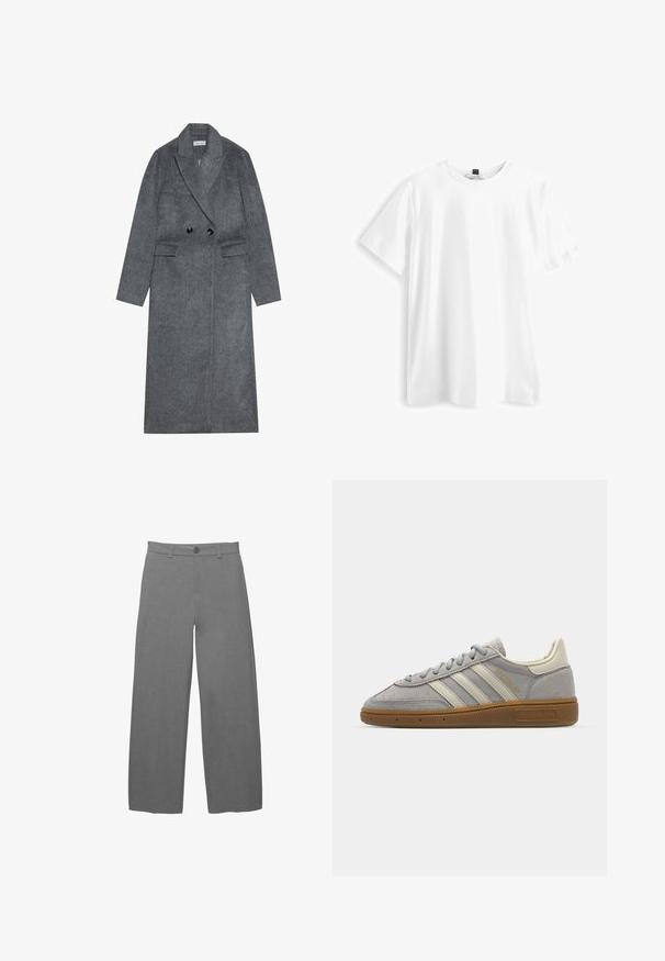 Grå uldblanding overjakke med dobbeltbrystet front, spidse lapels og to forlommer. Har sorte knapper og lige ærmer.; Hvid T-shirt med korte ærmer lavet af bomuld, med rund hals, lige nederkant og blød, glat tekstur. Ingen mønstre eller grafik.; Lysegrå bukser med vide ben i en glat, tekstureret stof, med knaplukning foran og bæltestropper i taljen.; Grå suedet sko med lysegrå læderstriber og en gummigummisole. Funktioner inkluderer snørebåndslukning og subtil branding på tungen.