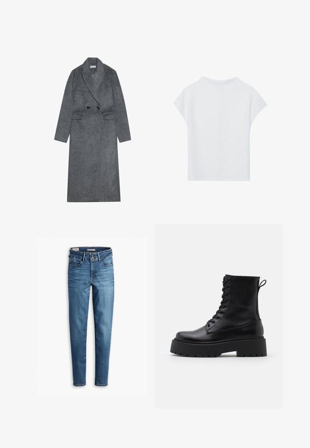 Cappotto lungo in misto lana grigio con doppio petto, revers talonati e due tasche frontali. Presenta bottoni neri e maniche dritte.; Top corto bianco a maniche corte caratterizzato da una vestibilità morbida, texture leggera e scollo tondo. Visto da dietro mostra un design semplice e fluido.; Jeans skinny a vita alta in denim azzurro chiaro. Presentano cinque tasche, chiusura con bottone frontale e un classico dettaglio di cucitura in tutta la superficie.; Stivaletti in pelle nera alla caviglia con punta rotonda, lace-up frontale e suola in gomma spessa con battistrada textured. Tassello sul retro.