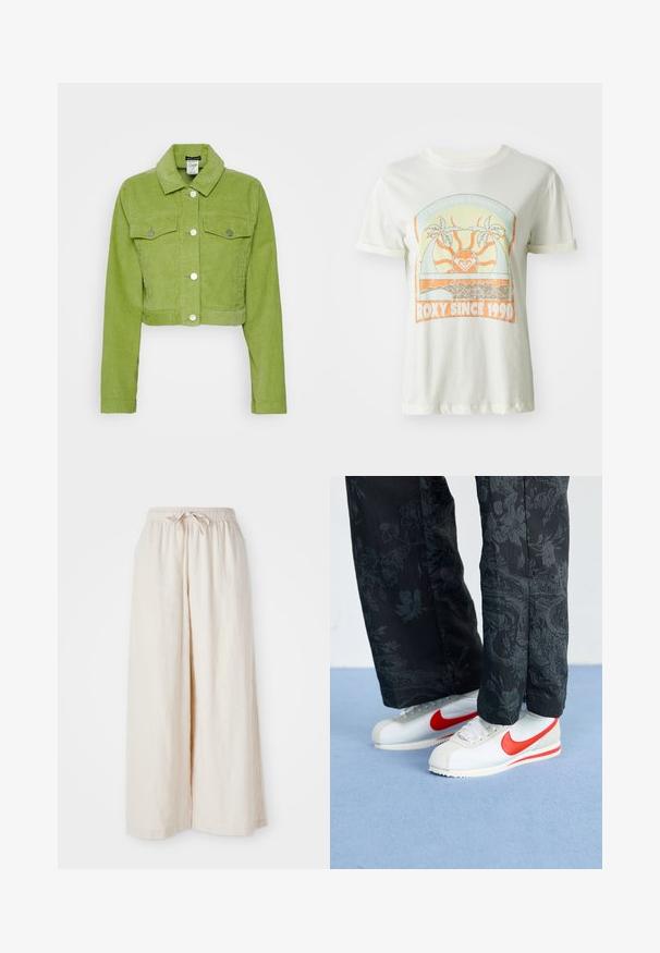Zastrihnutá kordová bunda v jasne zelenej farbe, s golierom, dvoma prednými vreckami a striebornými gombíkmi na zapínanie. Hladká textúra.; Krémové bavlnené tričko s retro grafikou zobrazujúcou palm trees, slnko a nápis "ROXY SINCE 1990" v oranžových a teal akcentoch. Krátke rukávy.; Široké krémové nohavice s elastickým pásom a šnúrkou. Hladká, ľahká ľanová tkanina, bez viditeľných vzorov alebo kovových doplnkov.; Biele tenisky Nike s červenými akcentmi, v kombinácii s čiernymi nohavicami s kvetinovým vzorom. Povrch je hladký s plochou pletenou podrážkou.