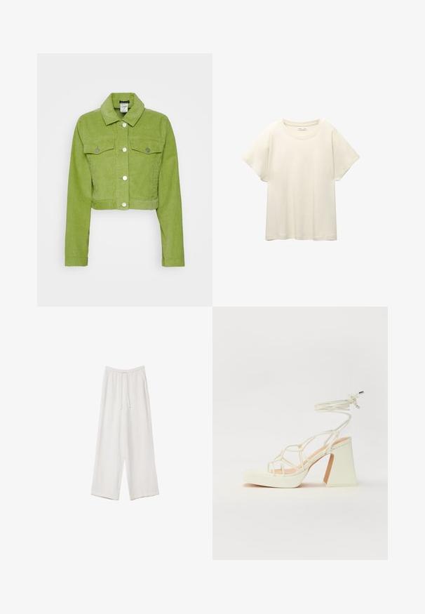 Cropped corduroy jacket in bright green, featuring a collared neckline, two front pockets, and silver button fastenings. Smooth texture.; Light beige short-sleeve t-shirt with a round neckline, made of soft, smooth fabric. Features a relaxed fit and straight hemline.; White wide-leg trousers made from a lightweight fabric. Features an elastic waistband with a drawstring and side pockets. Smooth texture.; White high-heeled sandal with a chunky heel, featuring a strappy design and ankle tie. Smooth texture with a platform front for added height.