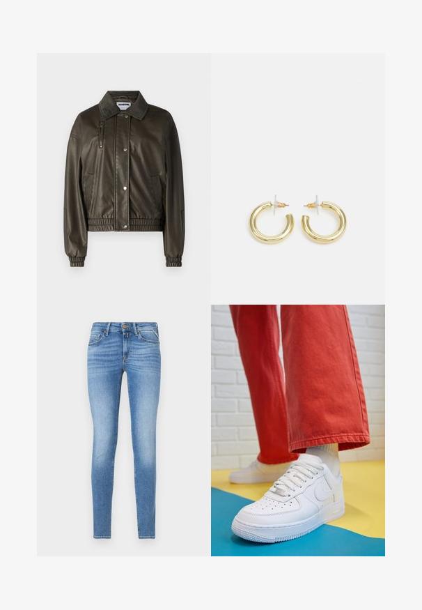 Vihreä tekonahkainen takki, jossa on nappilista etupuolella, kauluksellinen kaula, sivutaskut ja vetoketjutaskut sekä kuminauhat hihansuissa ja helmassa.; Vaaleanbeige neulepaita, joka on valmistettu pehmeästä neulekankaasta. Siinä on pyöreä kaulus, rosoiset olkapäät ja ribbireunat helmassa ja hihoissa.; Slim-fit vaaleansiniset farkut, joissa on keski-korkea vyötärö, edessä nappikiinnitys ja viisi taskua.; Valkoinen nahkakengät, joissa on rei'itetty varvasosa, teksturoitu pohja ja valkoiset nauhat, yhdistettynä leveisiin punaisiin housuihin ja sinikeltaiseen taustaan.; Kultaketjut kullasta, joissa on sileä, kiiltävä pinta. Pyöreä muotoilu, jossa on pieni tappi ja kirkas taustalevy turvalliseen käyttöön.