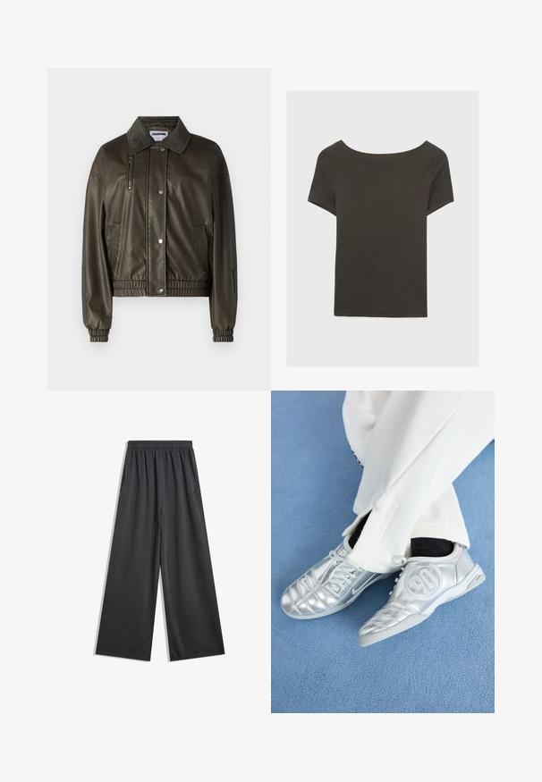 Grüne Kunstlederjacke mit Knopfleiste, kragenlosem Ausschnitt, seitlichen und Reißverschlusstaschen sowie elastischen Bündchen und Saum.; Dunkelgraues Kurzarmoberteil mit Bootsausschnitt. Hergestellt aus geripptem Stoff, mit lockerer Passform und sauberem Saum. Einfaches Design, ohne Muster.; Schwarze, weit geschnittene Hose aus weichem Stoff, mit einem elastischen Taillenbund und seitlichen Taschen. Glatte Textur ohne sichtbare Muster oder Akzente.; Silberne Sportschuhe mit einer glatten, glänzenden Oberfläche, die ein genähtes Design und die Nummer 90 an der Seite aufweisen, kombiniert mit weißen Hosen.