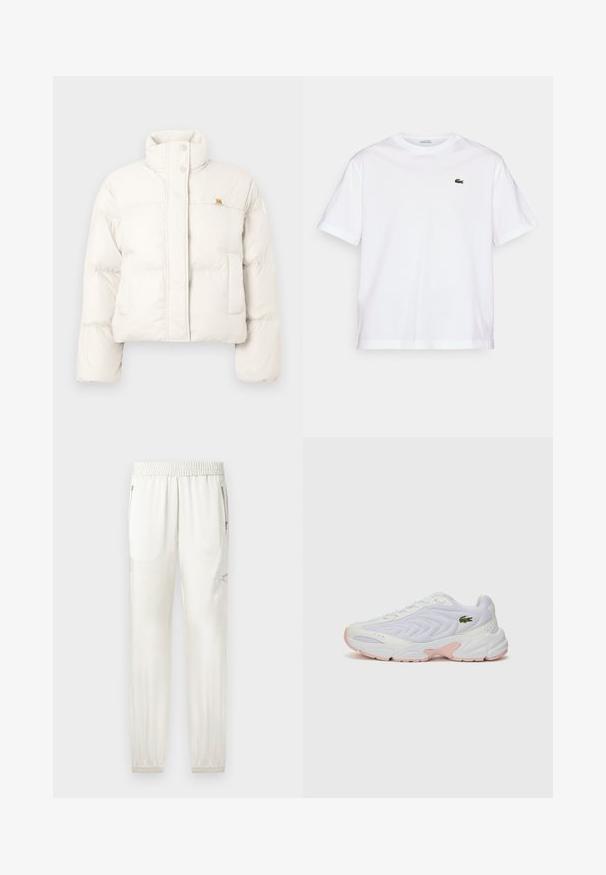 Bijela skraćena puffer jakna s visokim ovratnikom, zatvaranjem na dugmad, bočnim džepovima i malim dekorativnim detaljem na prsima.; Bijela pamučna majica s okruglim izrezom i kratkim rukavima. Ima zeleni izvezeni logo na prsima. Mekana tekstura, opušteni kroj.; Svijetlosmeđi trenirka s elastičnim pojasom, suženim manžetama, bočnim džepovima i patentnim zatvaračima. Glatka, blago sjajna tkanina.; Bijele atletske cipele s teksturiranim mrežastim gornjištem, suptilne ružičaste akcentne boje na potplatu i zeleni krokodilov logotip sa strane.