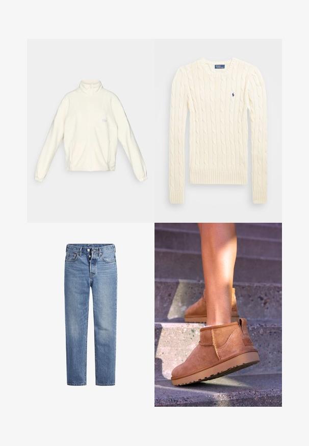 White fleece jacket with a high collar, full zipper, and two side pockets. Features a light logo on the chest and elastic cuffs.; Cream cable-knit sweater with long sleeves, ribbed cuffs and hem, featuring a small embroidered logo on the left chest.; Light blue denim jeans with a straight cut, five-pocket design, and a button fly. Features subtle fading and orange stitching accents.; Tan suede ankle boots with a soft texture, stitched detailing, and a rubber sole, featuring a looped heel for easy wear.