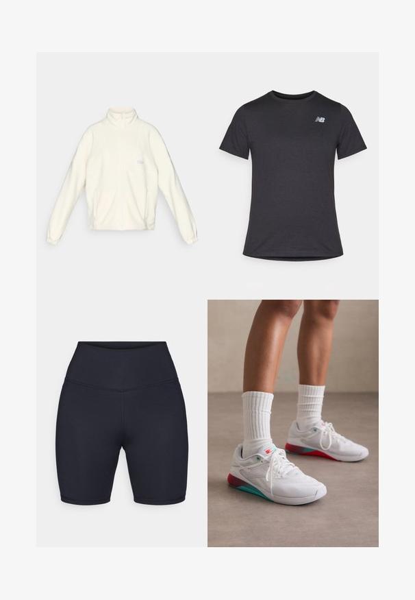 Bílá fleecová bunda s vysokým límcem, celým zipem a dvěma bočními kapsami. Na hrudi má světle zbarvené logo a elastické manžety.; Černé tričko s krátkým rukávem vyrobené z měkké tkaniny, s malým šedým logem New Balance na levé horní části hrudi, klasický design s kulatým výstřihem.; Vysoké černé šortky vyrobené z elastického materiálu, s hladkým povrchem a šitými švy. Délka do poloviny stehna, bez vzorů nebo akcentů.; Bílé sportovní boty s texturovaným svrškem, tyrkysovými akcenty a červeným podpatkem. Nosené s proužkovanými bílými ponožkami. Obsahují tkaničky a branding.