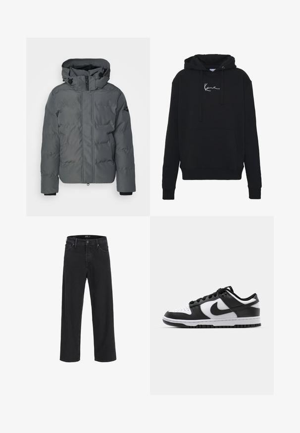 Replay Jachetă de iarnă - iron grey; Hanorac negru din material moale, cu buzunar frontal, sireturi și broderie albă a logo-ului pe piept. Croială clasică și manșete ribbate.; Jeans din denim negri, cu croială dreaptă, cu închidere prin buton și fermoar, bucle pentru curea și buzunare în față și în spate.; Adidași Nike Dunk alb-negru, cu un superior din piele, vârf perforat, sireturi negre și talpă din cauciuc negru cu design de profil.