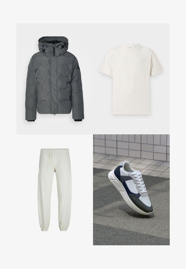 Replay Žieminė striukė - iron grey; Balta trumpa rankovė T-polo marškinėlių su juostelėmis tekstūra. Apvalus iškirpimas, laisvas fasonas, jokių matomų raštų ar akcentų. Paprastas ir universalus dizainas.; Baltos sportinės kelnės, pagamintos iš minkštos medžiagos, su elastinga juosmeniu ir rankogaliais, turinčios lygią tekstūrą ir laisvą siluetą.; Baltos, tamsiai mėlynos ir pilkos sportbačiai su mišriomis medžiagomis, turintys tekstūruotą viršutinę dalį, plokščius raištelius ir paminkštintą pado dalį.