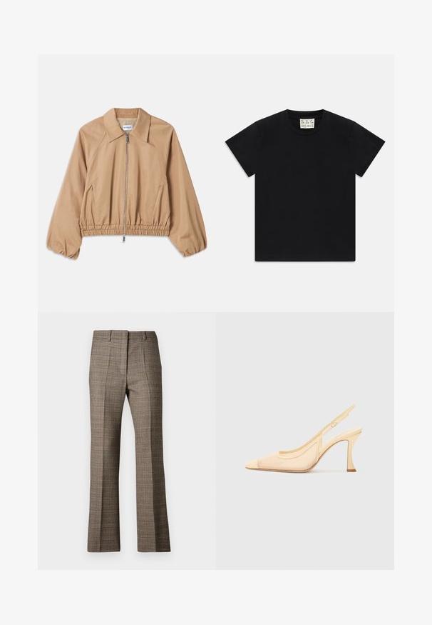 Casaco leve beige com gola, fecho éclair, barra elástica e punhos franzidos. Tecido suave com um design minimalista.; Camiseta preta de manga curta com decote redondo e uma etiqueta branca dentro do colarinho rotulada "D.R.C. EST. 2002" sobre um fundo branco.; Calças castanhas em padrão xadrez com corte reto, apresentando um tecido texturizado e cores subtis de bege e castanhos mais escuros ao longo do padrão.; Sandalete de salto alto em malha bege claro com bico fino e um salto slim e curvado, apresentando um detalhe de fivela minimalista.