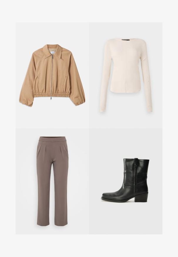 Gaiši brūns viegls jakts ar apkakles izgriezumu, rāvējslēdzēja aizdari, elastīgu apakšmalu un savilktiem piedurkņu sānu galiem. Gluda auduma ar minimālistisku dizainu.; Ilgi piedurkņu, gaiši bēšas krāsas blūze ar apaļu dekoltē. Izgatavota no mīksta auduma, ar centrālo šuvi un nedaudz izliekta apakšmala. Nav redzamu papildus elementu.; Taurī šūšanas brīvās formas bikses ar elastīgu jostasvietu un priekšējiem krokām, izgatavotas no gludas auduma.; Melna ādas potīte ar noapaļotu purngalu, bloku papēdi, sānu rāvējslēdzēju un šuvju akcentiem uz virsmas. Gluda tekstūra, klasiskā dizaina.